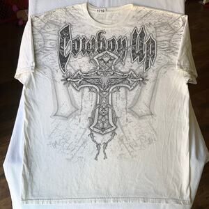 Cowboy Up Men’s Short Sleeve T-shirt size L, Off White, bare cross